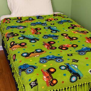 Handmade Twin Fleece Blanket – Monster Truck Print | Green Reversible Cozy Throw